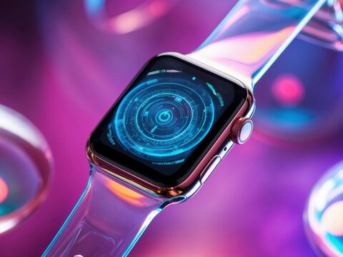 A closeup of a transparent smartwatch with a glowing interface, symbolizing futuristic wearable technology