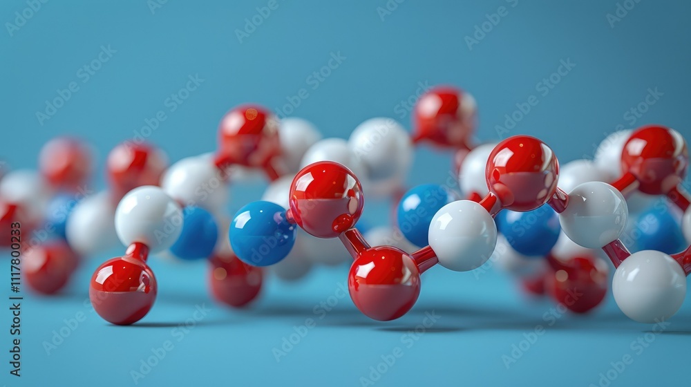 Poster abstract 3d rendering of colorful molecule model on blue background.