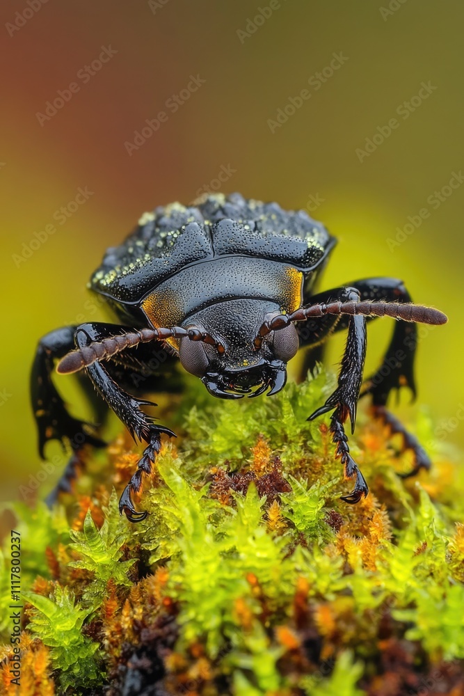 Poster a small beetle perched on the top of a tree trunk covered in moss, surrounded by greenery