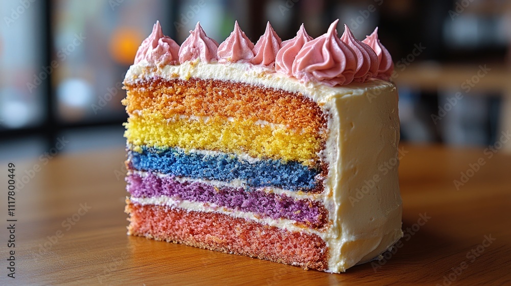 Poster a single slice of colorful rainbow cake sitting on a wooden table, ready to be devoured