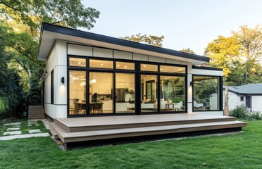 Modern house with large windows, deck, and lawn.