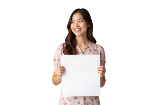 isolated portrait of a smiling young woman in a floral dress holding a blank white sheet of paper - Powered by Adobe