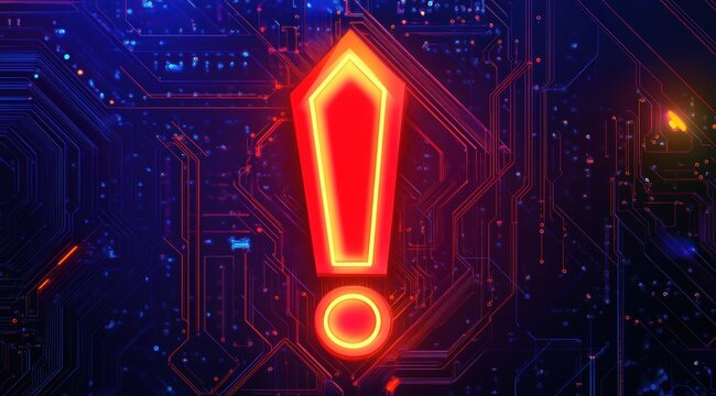 A red and yellow exclamation point is lit up on a blue background. The image has a futuristic and technological feel to it, with the bright colors and the glowing effect of the exclamation point