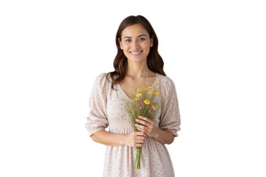isolated portrait of a smiling young woman in a floral dress holding a bouquet of wildflowers - Powered by Adobe