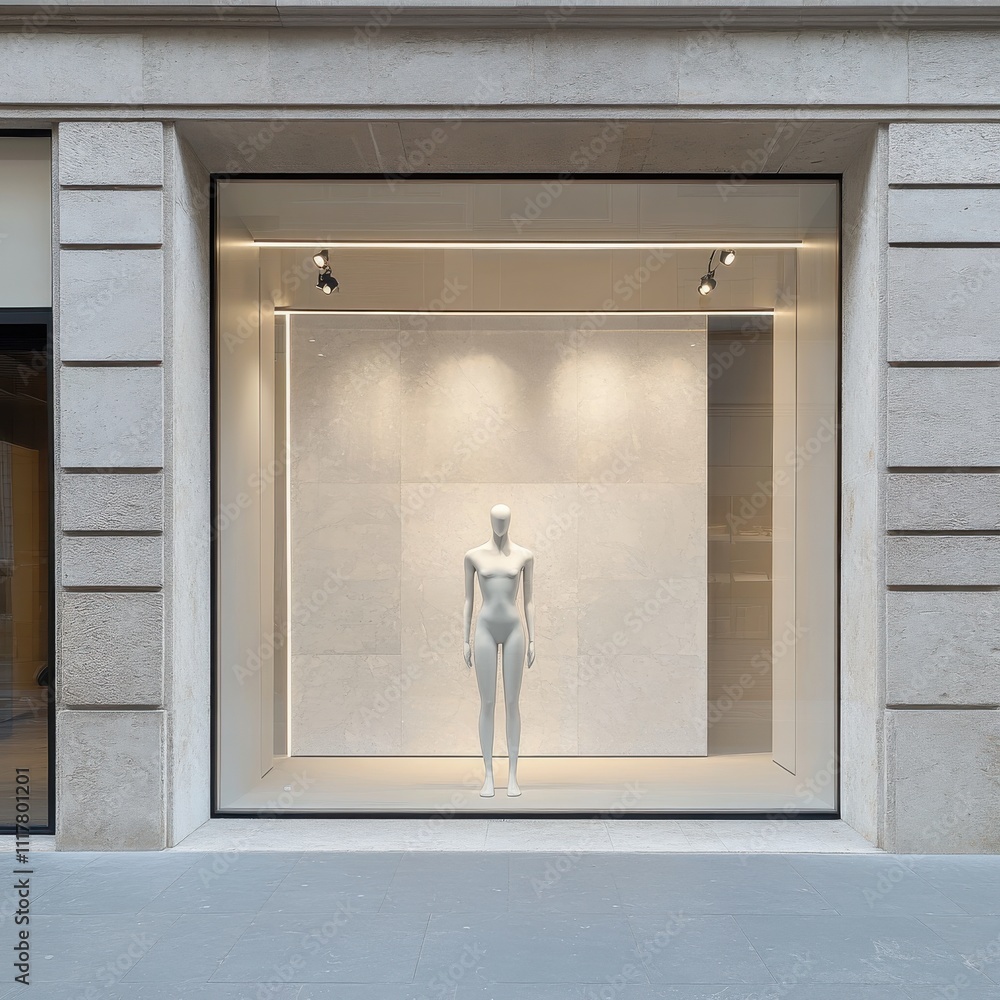 Poster a front view of the window display for an elegant fashion store. a large white wall features a manne