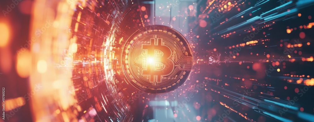 Poster a computer generated image of a bitcoin symbol with a bright light surrounding it. concept of excite