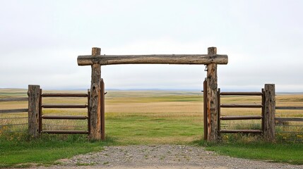 Naklejka premium Rustic Wooden Gate Opening to Expansive Scenic Landscape View