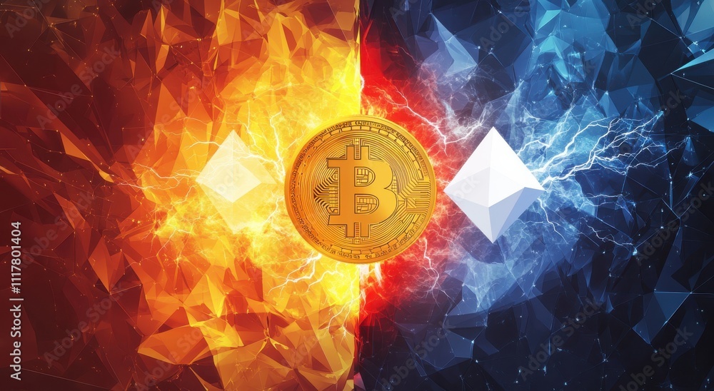 Poster a coin with the bitcoin logo on it is in the middle of a red and blue background. the coin is surrou