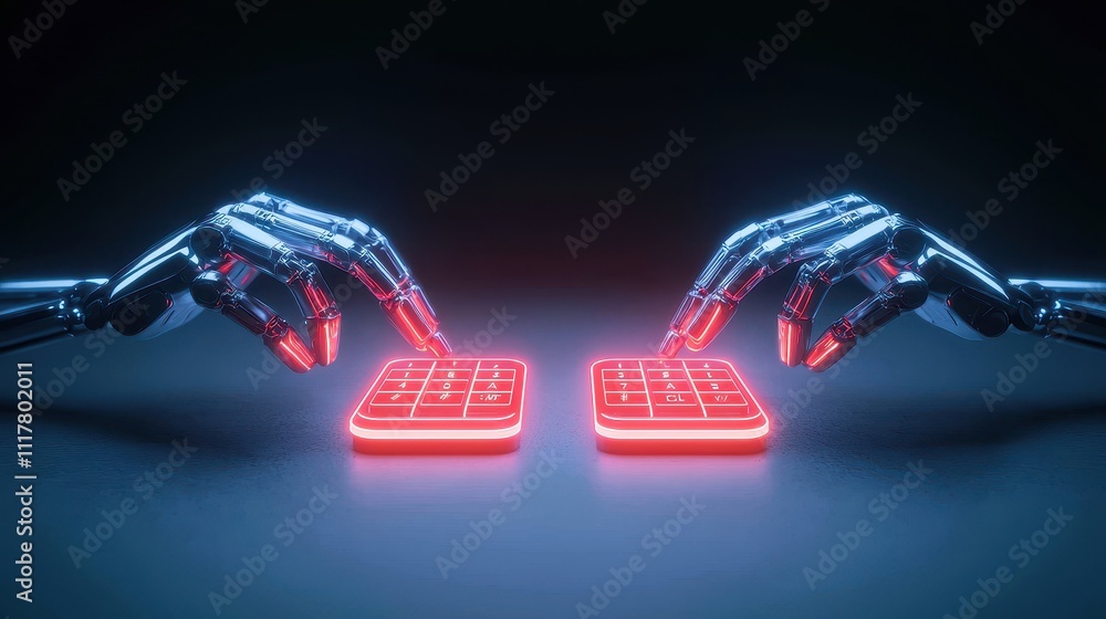 Poster two robotic hands interact with glowing red touchpads in a futuristic, dark environment, symbolizing
