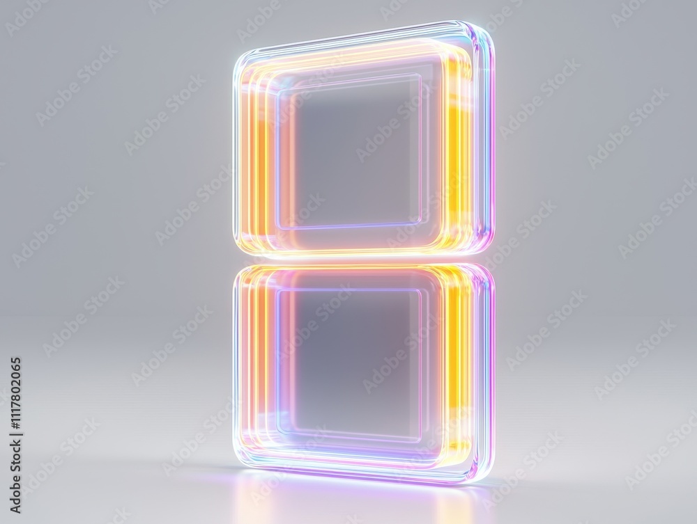 Poster a glowing, 3d display of two stacked rectangular frames, illuminated in vibrant colors against a min