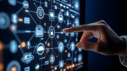 Hand Touching digital futuristic interface 3D rendering