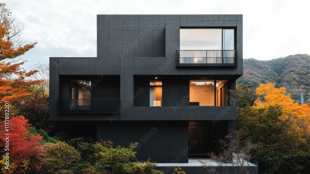 Poster a black house with a large window on the front. the house is surrounded by trees and has a very mode