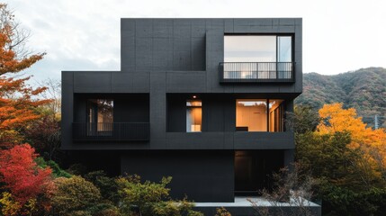 A black house with a large window on the front. The house is surrounded by trees and has a very modern look