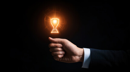 business professional holds glowing trophy symbolizing achievement and success. dark background emphasizes trophy brilliance, creating powerful visual impact