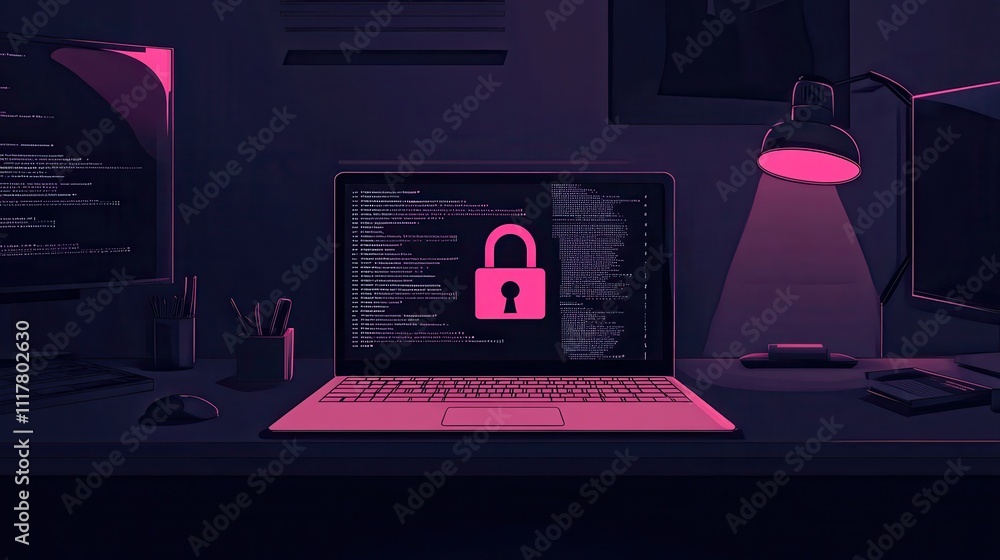 Poster a computer screen with a pink lock on it. the image is in black and white and has a moody, mysteriou