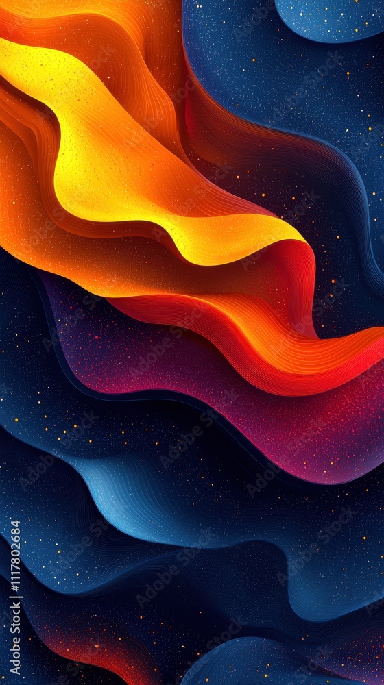 Poster vibrant abstract patterns with waves of orange, red, and blue creating a dynamic visual experience
