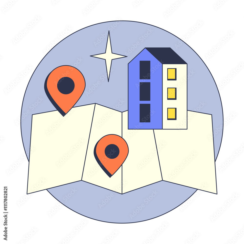 Poster illustration of a map with location pins and a building, symbolizing navigation and campus mapping.