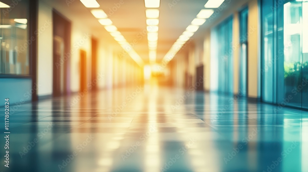 Poster a long hallway with a bright yellow light shining down on it. the light is reflected off the floor a