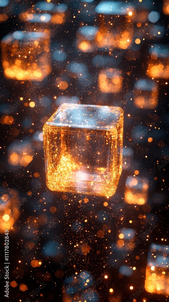 Poster floating golden ice cubes with shimmering particles in a dark background create a mesmerizing abstra
