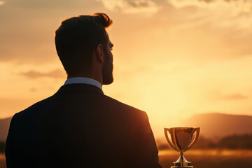 businessman stands with trophy against sunset backdrop, symbolizing achievement and success. golden trophy reflects warm hues of sky, creating inspiring scene