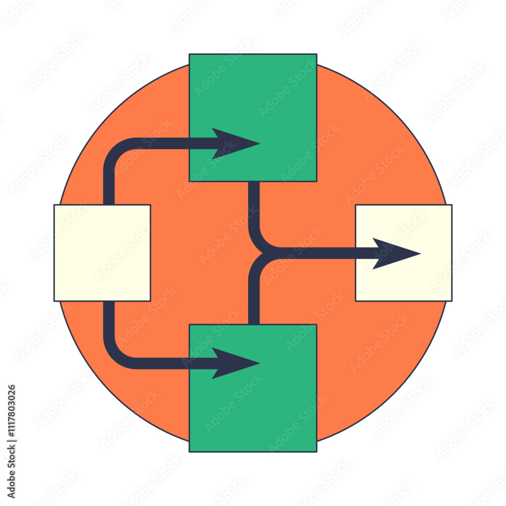 Aufkleber flowchart with arrows connecting green and white blocks on an orange circle, symbolizing process flo