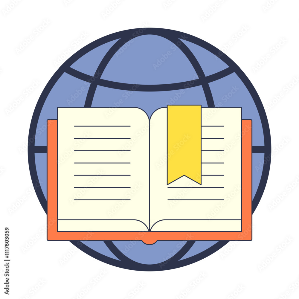 Poster an open book with a bookmark in front of a globe symbolizes global knowledge and learning.