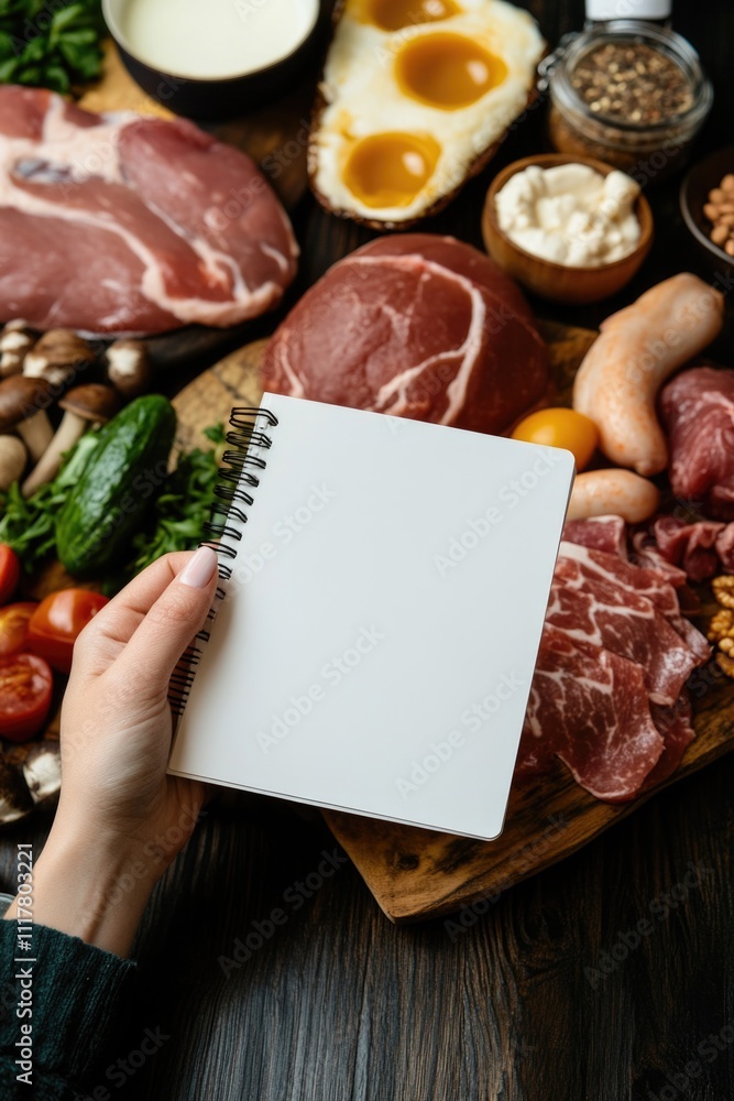 Aufkleber a person holds a notebook with different foods, useful for note-taking or inspiration