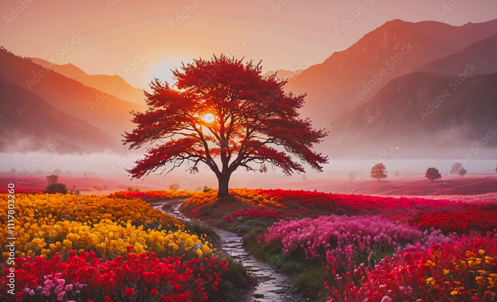 Poster a tree is in the middle of a field of flowers. the sky is orange and the sun is setting