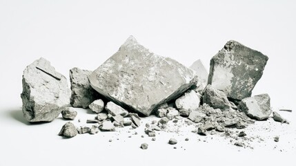 Side view of assorted construction debris, including cracked cement and stone fragments, on white