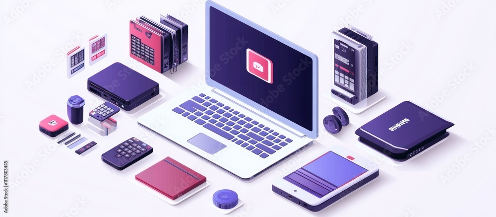 Poster a laptop with a red play button on the screen is surrounded by a collection of tech devices.