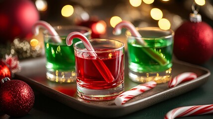 A holiday-inspired setup with red and green Jello shots, styled with candy canes and Christmas ornaments