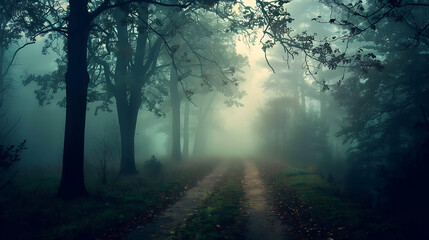 Fototapeta premium A winding dirt road disappears into the mist of a dense, mysterious forest. The dense fog shrouds the trees and casts an eerie glow