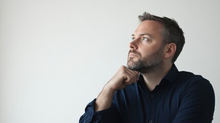 A man with a beard and a blue shirt is looking at the camera. He is wearing a blue shirt and has a beard. Empty space for logo or text, mockup