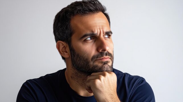 A man with a beard and a black shirt is looking at the camera with a puzzled expression. He is holding his hands together in front of his face