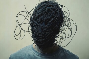 A man's head is covered in tangled hair. The hair is so thick and unkempt that it looks like a mass of wires. The man's face is obscured by the hair, and the overall mood of the image is chaotic