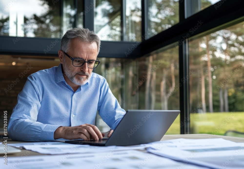 Aufkleber a man is sitting at a table with a laptop and papers in front of him. he is typing on the laptop whi