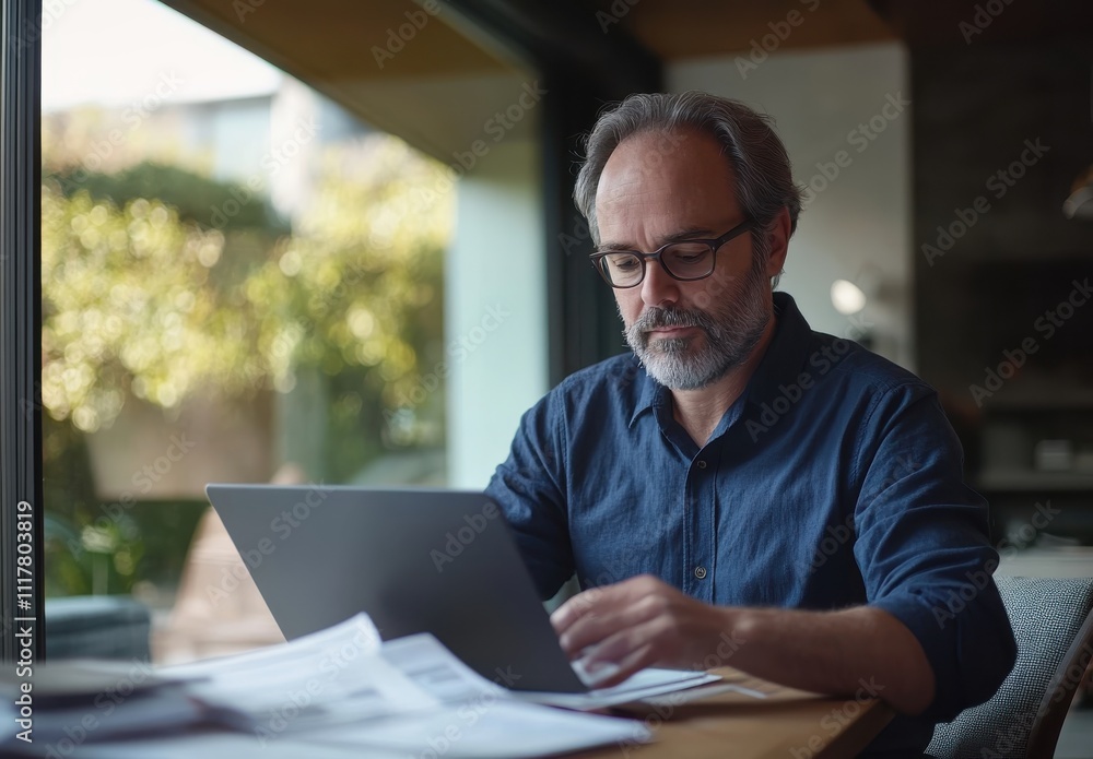 Aufkleber a man is sitting at a table with a laptop and papers in front of him. he is focused on his work, pos