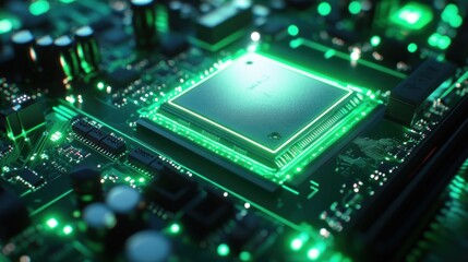 Close Up of a Motherboard with a Green Glowing Processor