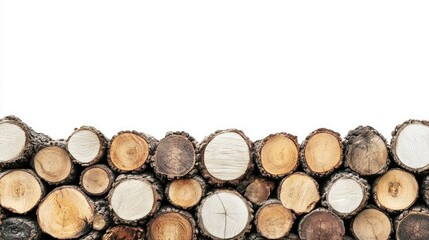 Side view of neatly stacked firewood logs, showing their natural texture and circular cut patterns, isolated on white