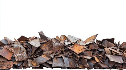 Side view of random piles of rusted scrap metal, showcasing various textures and shapes, isolated on a clean white background