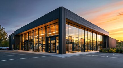 Obraz premium A large building with a lot of windows and a glass facade. The building is surrounded by parking lots and trees