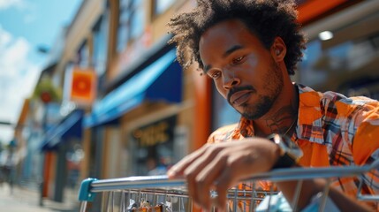 A person browsing on their mobile device while shopping, possibly comparing prices or reading reviews