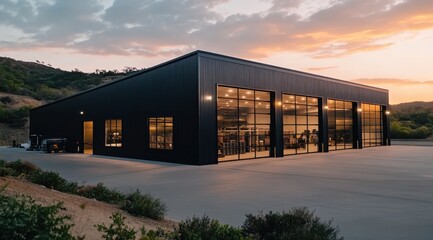 Obraz premium A large building with a lot of windows and a black roof. The building is surrounded by a green area