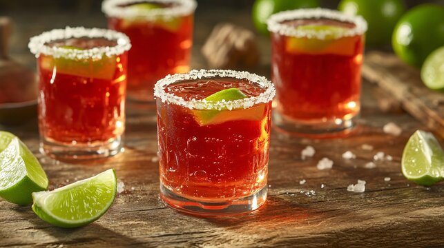 A rustic bar scene with tequila-infused Jello shots in salt-rimmed glasses, surrounded by lime wedges