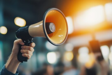 A person is holding a microphone and making a loud noise. Concept of excitement and energy, as if the person is announcing something important or rallying a crowd. The use of the microphone