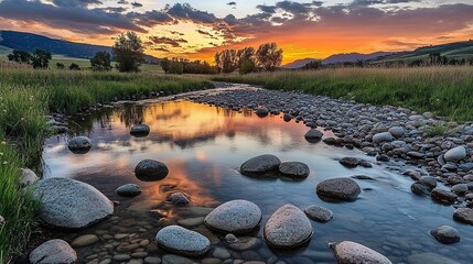 Vibrant sunset reflecting on calm river with smooth stones.