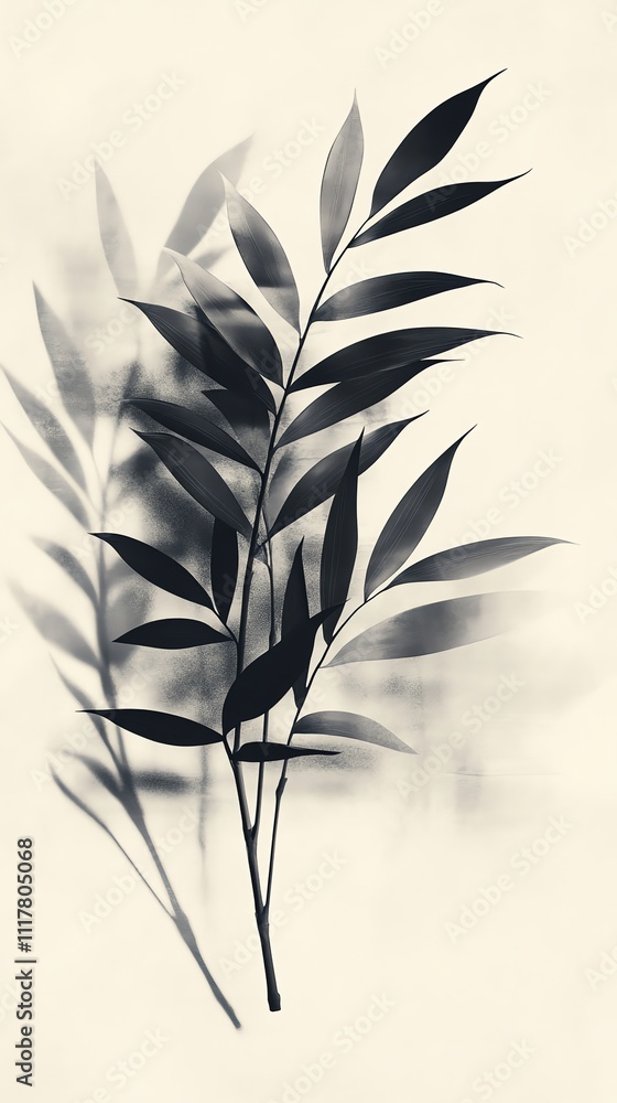 Poster A monochromatic image of delicate leaves casting soft shadows.