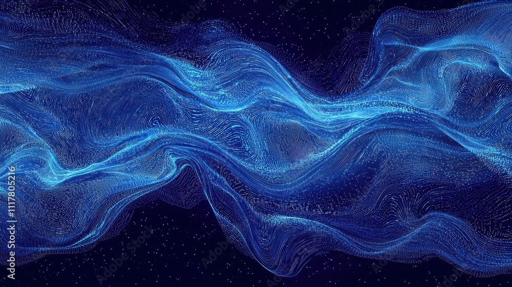 Poster abstract digital river of glowing binary sequences in a deep blue background