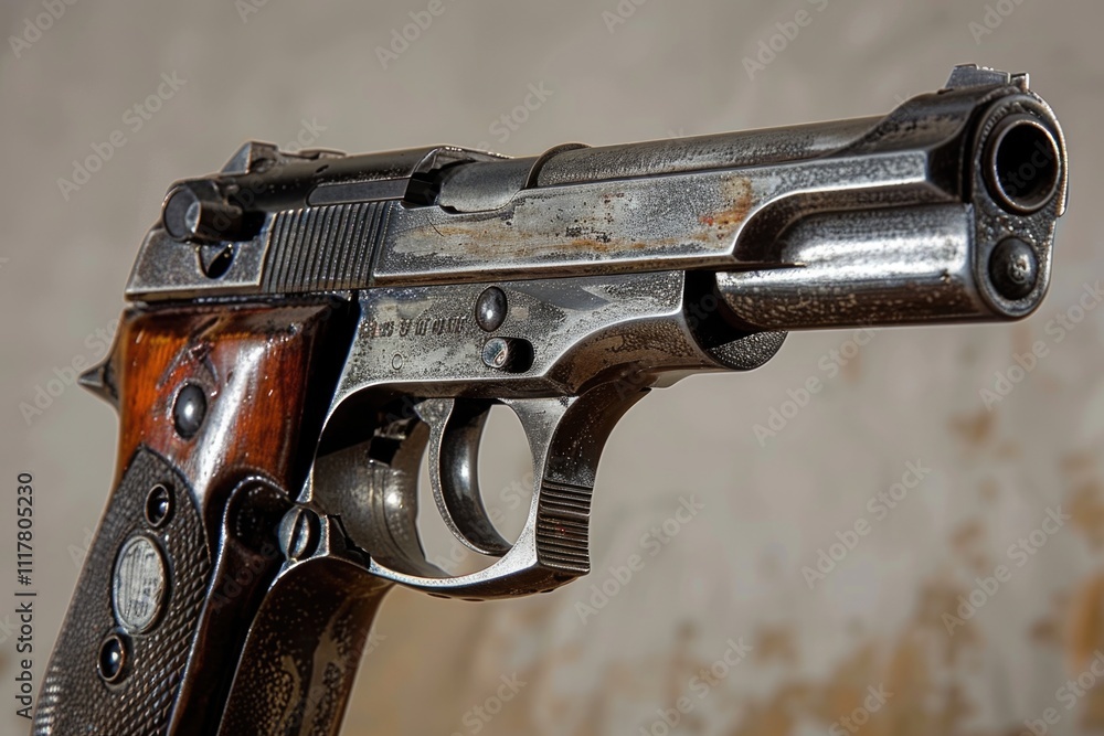 Poster a close-up view of a gun on a table