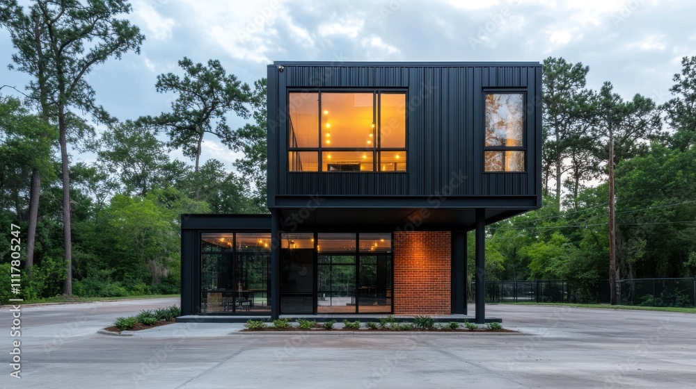 Poster a black building with a lot of windows and a green tree in the background. the building is modern an